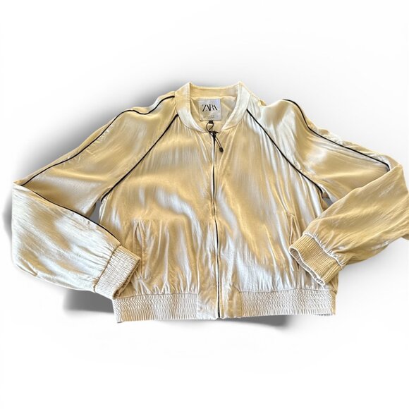 ZARA Satin Bomber Jacket Cream Beige | Zip-Up | Women’s Size M - Picture 2 of 8